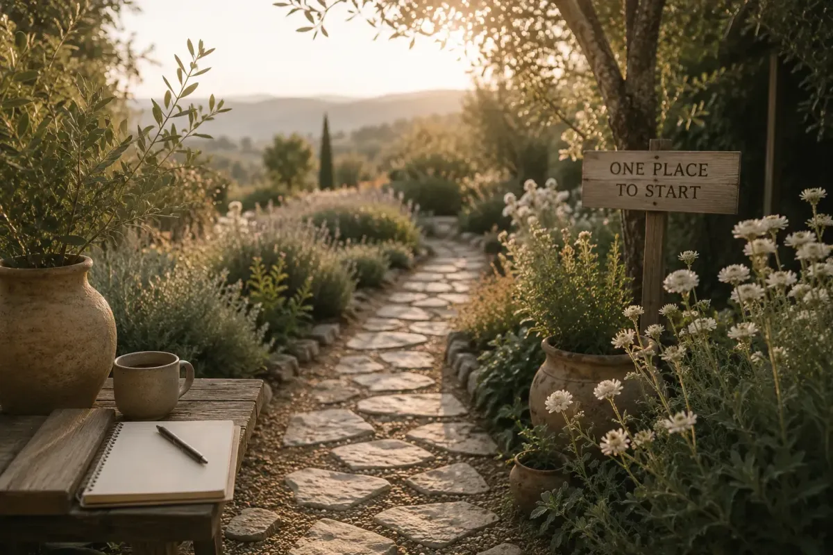 Stone garden path leading through a peaceful sanctuary garden, inviting the next faithful step.