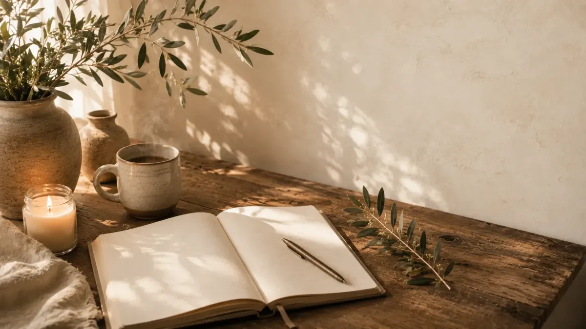 Open journal on a rustic wooden table surrounded by olive branches and warm natural light.