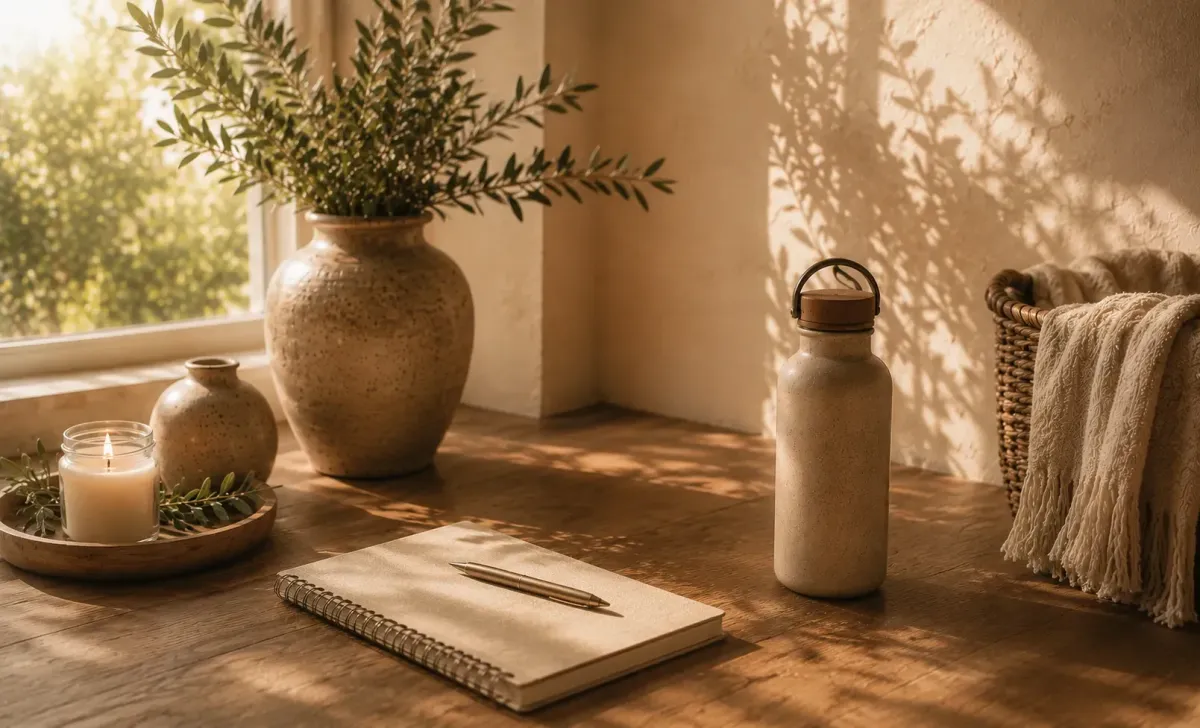 Peaceful workspace with a journal, water bottle, and olive branches representing simple daily stewardship.