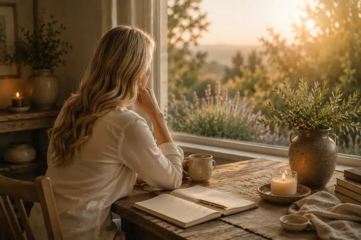 Elizabeth Jane looking out a sunlit window in a peaceful sanctuary, reflecting with hope and quiet confidence.