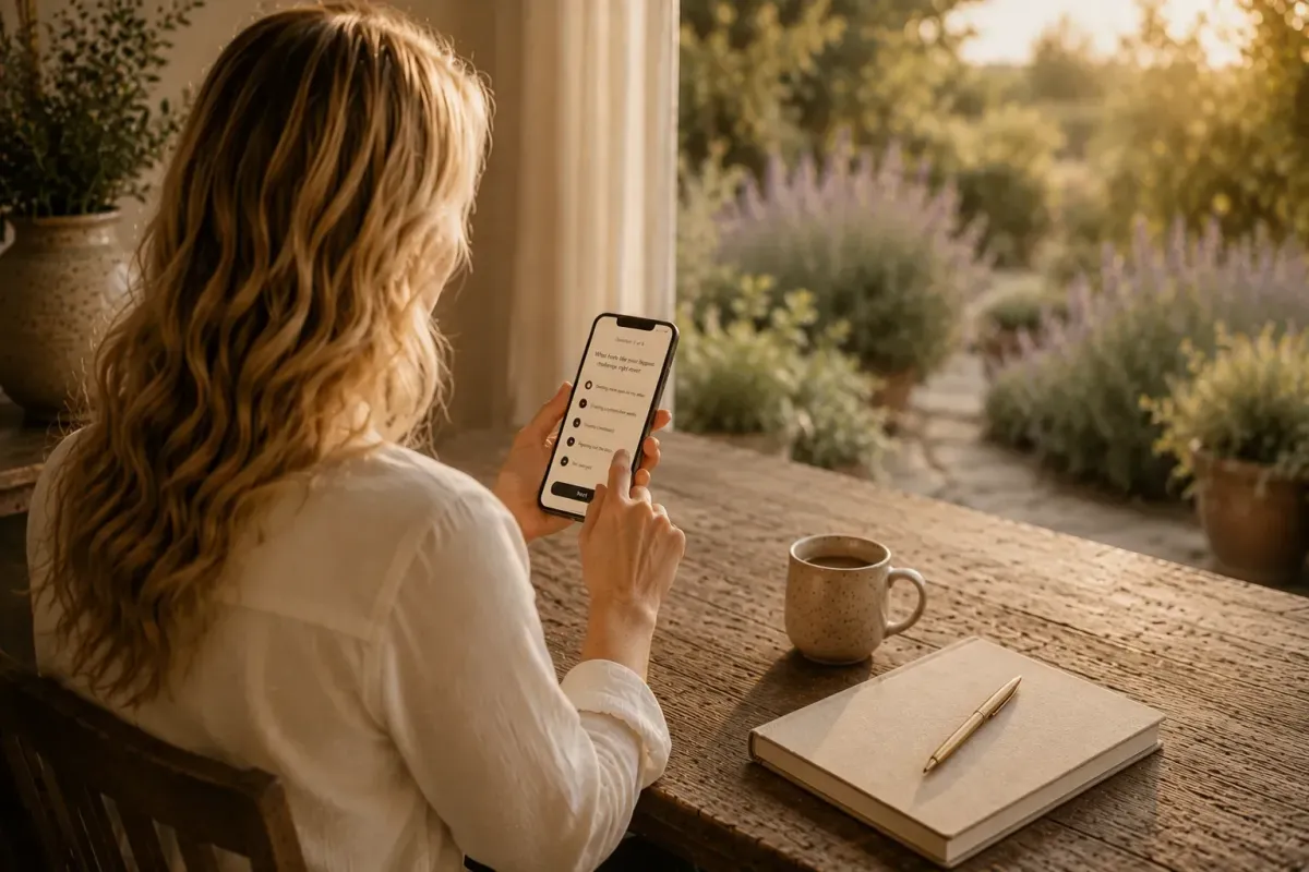 Elizabeth Jane taking the Start Here quiz while sitting in a peaceful sanctuary garden.
