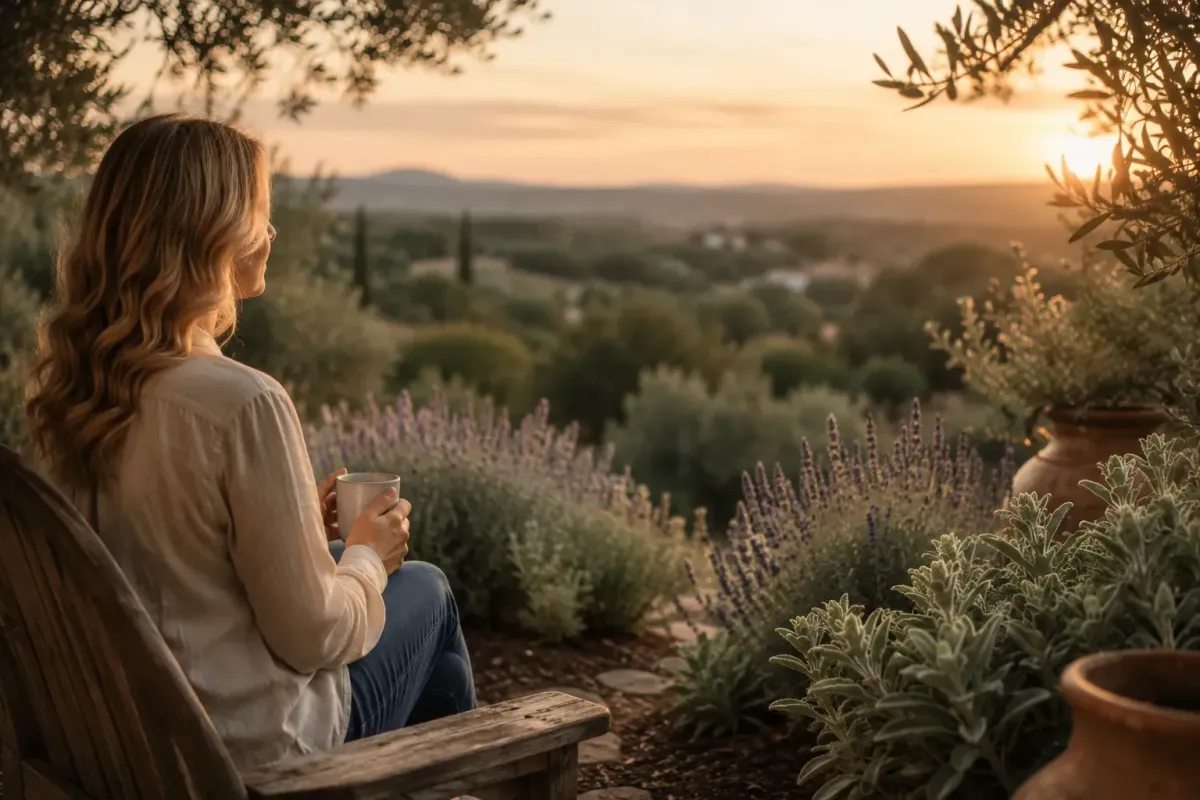 Elizabeth Jane sitting quietly in a sanctuary garden overlooking the landscape at sunset, reflecting on rebuilding life one faithful step at a time.