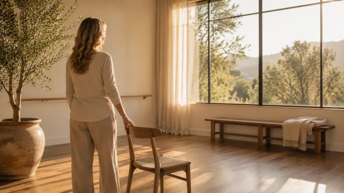 Elizabeth Jane standing in a peaceful, sunlit movement studio overlooking olive trees, reflecting on twenty-four years of teaching and growth.