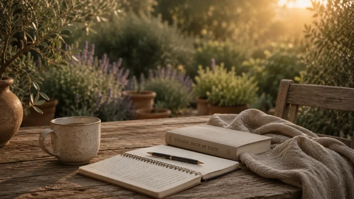Open journal on a rustic wooden table in a peaceful garden, surrounded by olive branches and warm morning light.