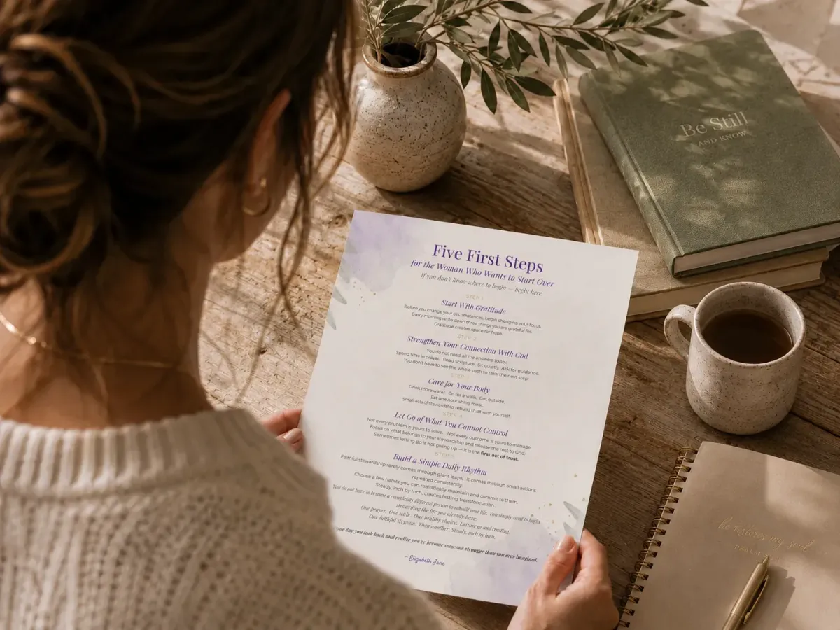 Printable guide called Five First Steps helping women discover where to begin after life changes.