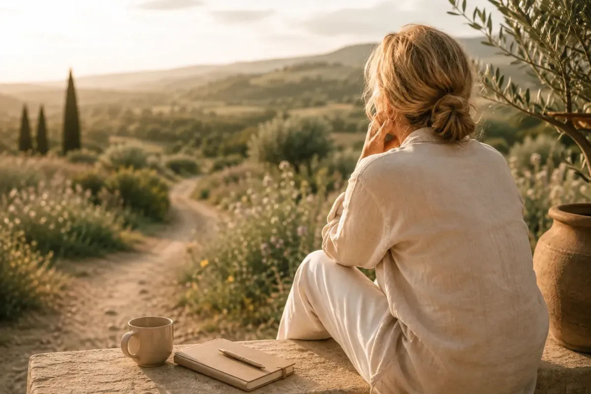 Woman sitting quietly on a stone garden bench surrounded by olive trees and wildflowers.