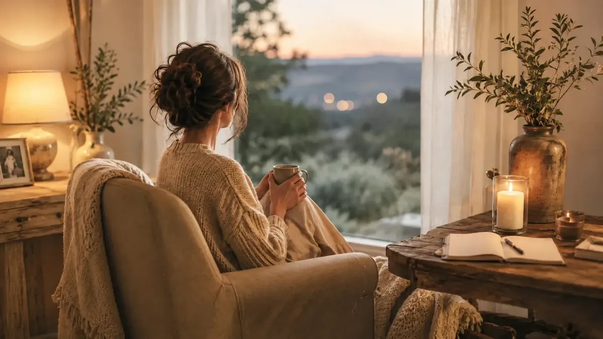 Woman sitting quietly by a sunlit window with a warm drink, reflecting on a new beginning.