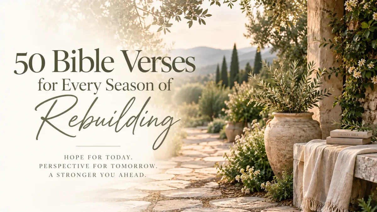 Open Bible on a garden table overlooking a peaceful landscape for 50 Bible Verses for Every Season of Rebuilding.