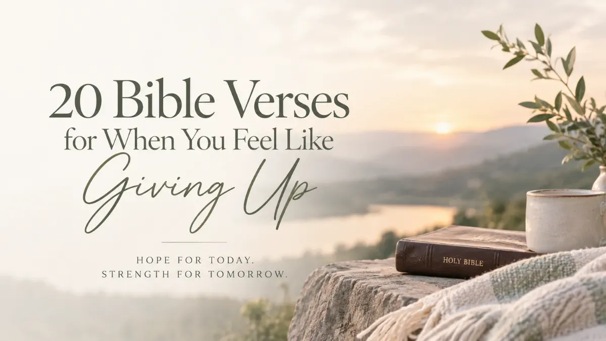 20 Bible verses for when you feel like giving up, with a Bible beside a peaceful sunrise and the words Hope for Today, Strength for Tomorrow.
