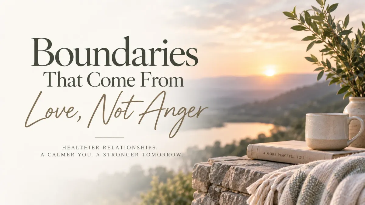 Boundaries That Come From Love, Not Anger with a peaceful sunrise, book, and coffee.