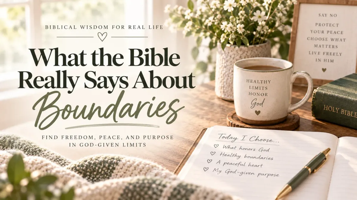 Warm lifestyle image for “What the Bible Really Says About Boundaries,” featuring a Bible, journal, coffee mug, flowers, and reminders about healthy, God-given boundaries.
