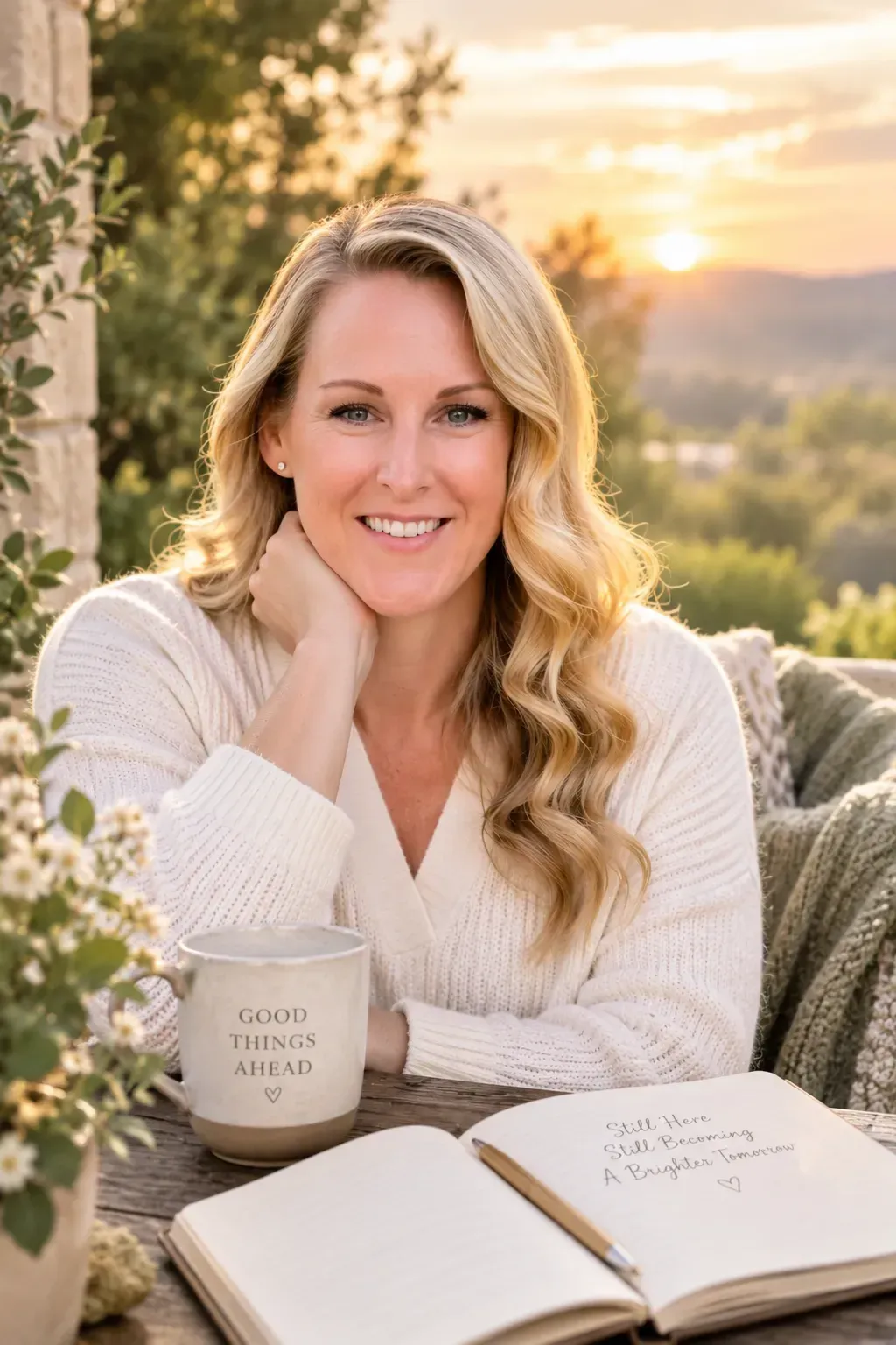 Woman sitting quietly by a sunlit window with a warm drink, reflecting on a new beginning.