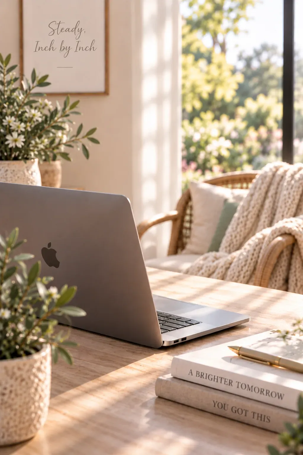 Laptop on a sunlit desk surrounded by greenery, books, and a cozy chair.