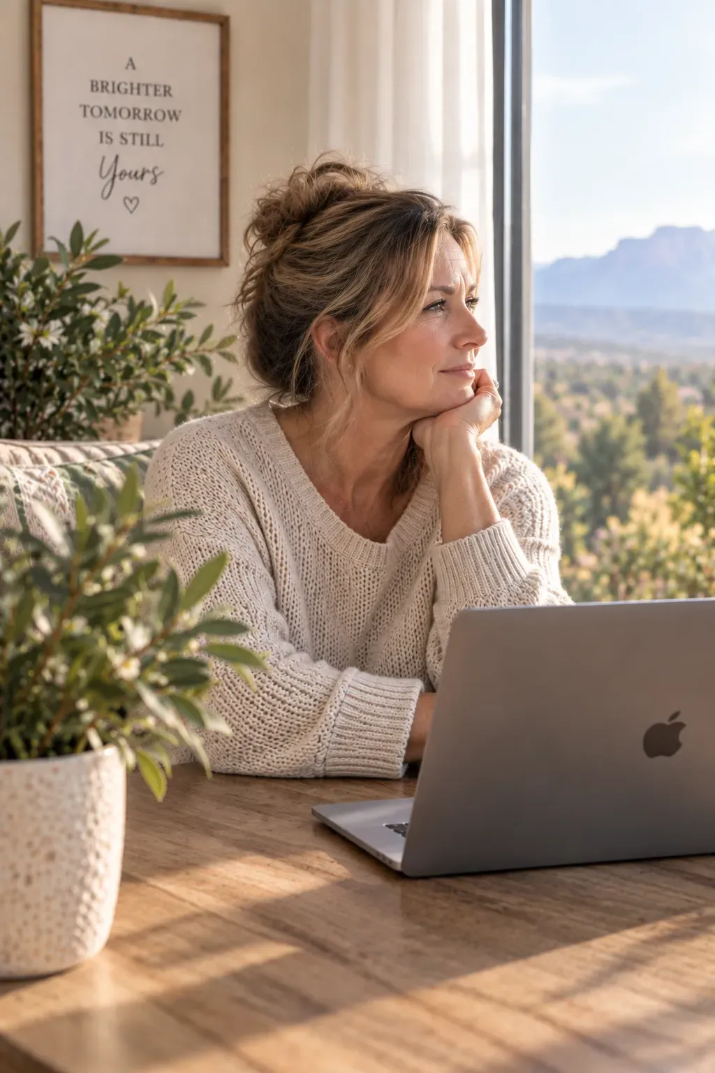 Woman sitting thoughtfully at a desk beside her laptop, looking out toward the mountains.