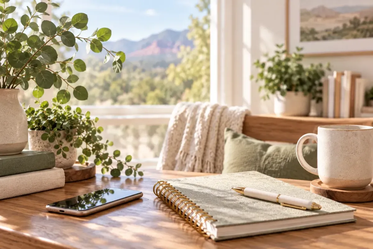 Open journal on a rustic wooden table surrounded by olive branches and warm natural light.