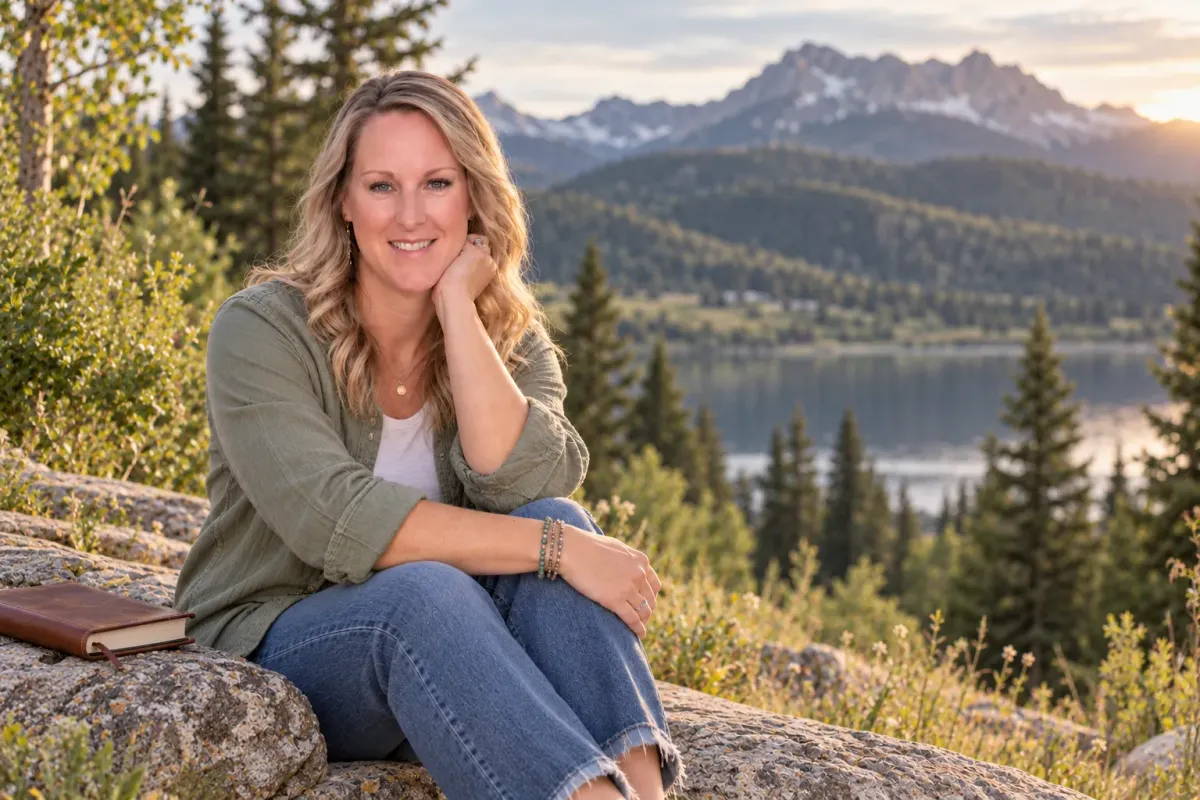 Elizabeth sitting on a rock with a journal beside her, overlooking a peaceful mountain lake at golden hour.
