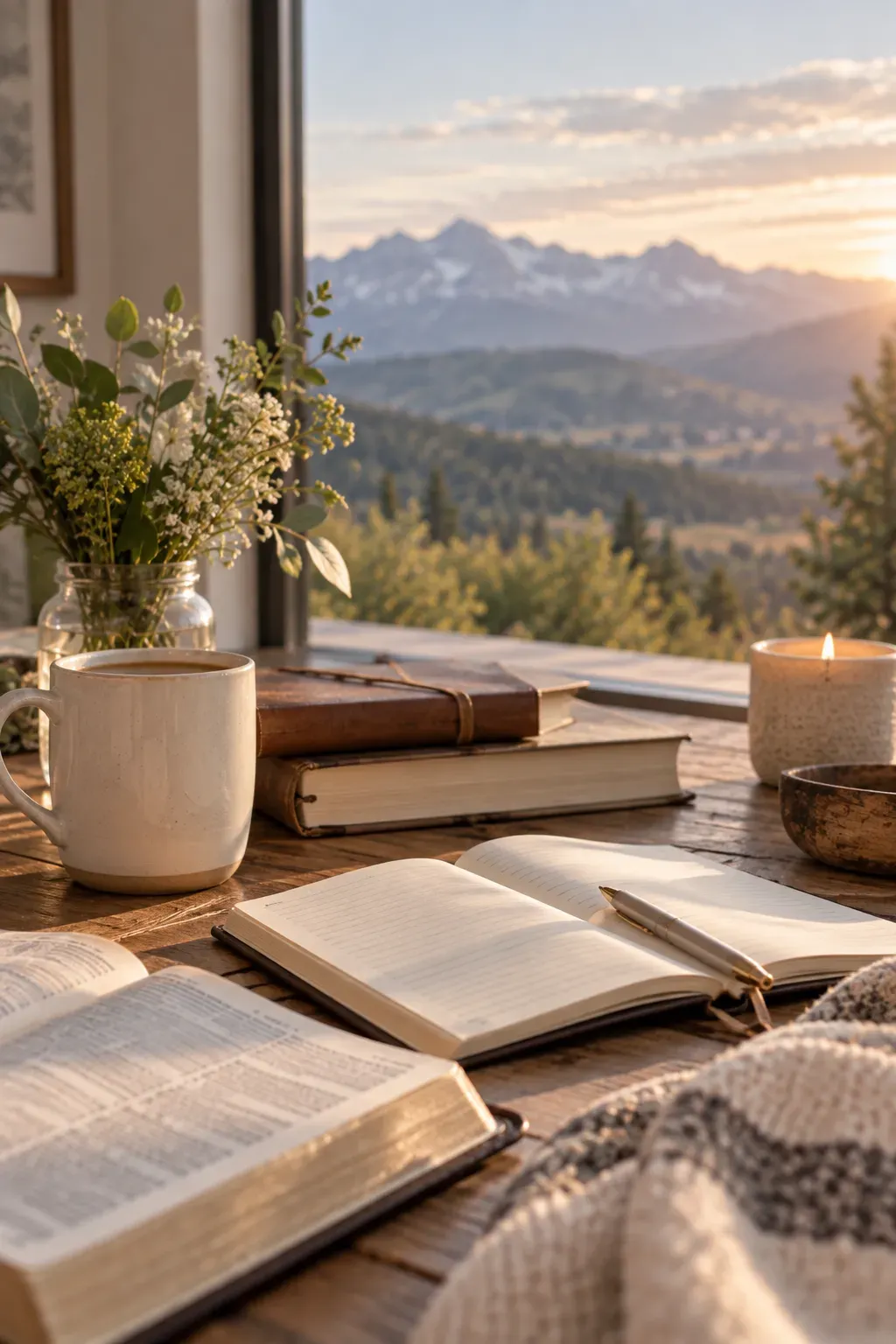 Open Bible and journal on a wooden table beside a warm cup and candle, overlooking peaceful mountains at sunrise.