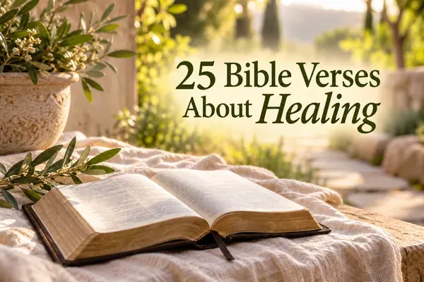 Open Bible in a peaceful garden with the words 25 Bible Verses About Healing