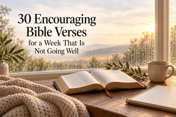 An open Bible beside a weekly planner in soft morning light for an article about encouraging Bible verses