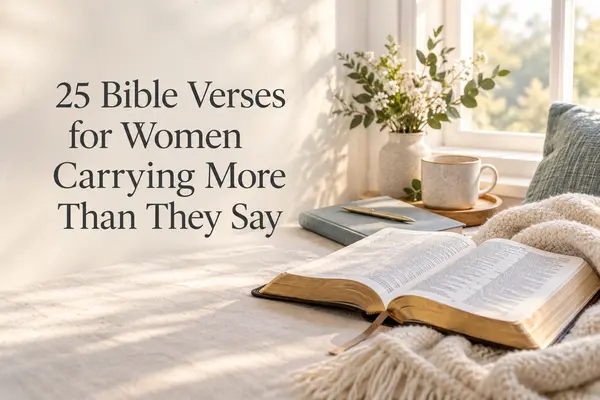 Open Bible, folded blanket, and journal in soft window light with the title 25 Bible Verses for Women Carrying More Than They Say