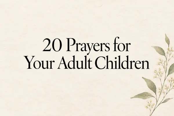 Cream prayer card with a subtle botanical accent and the title 20 Prayers for Your Adult Children