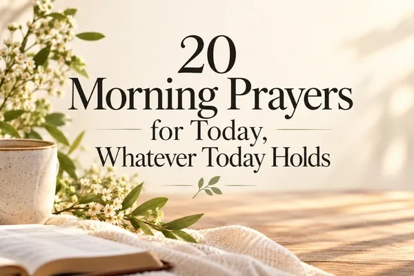 Warm cream prayer card with a subtle botanical accent and the title 20 Morning Prayers for Today, Whatever Today Holds