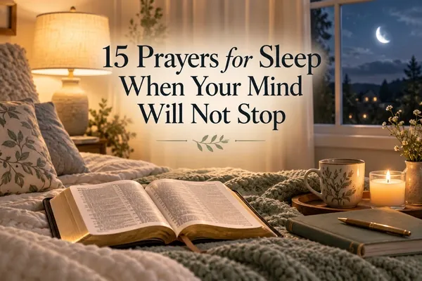 Warm cream nighttime prayer card in soft evening light with a subtle botanical accent and the title 15 Prayers for Sleep When Your Mind Will Not Stop