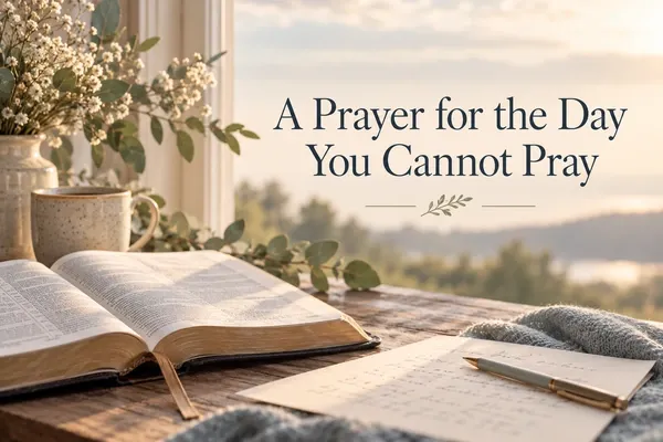 Open Bible beside a blank cream prayer page in soft natural light with the title A Prayer for the Day You Cannot Pray