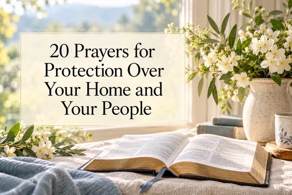 Open Bible on a linen-covered table beside white blossoms, with the title 20 Prayers for Protection Over Your Home and Your People