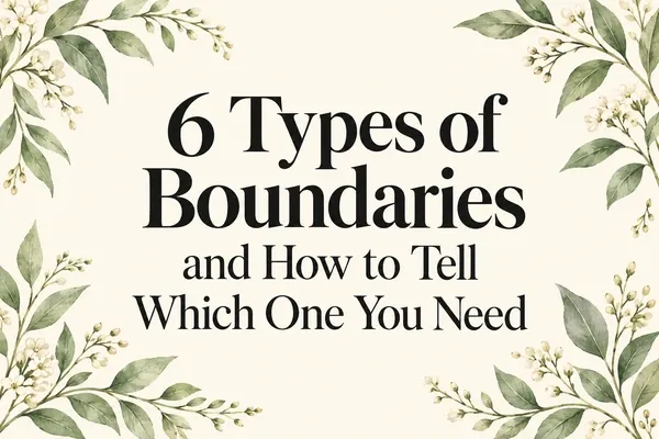 Cream-colored cover with sage-green leaves and small ivory flowers framing the title “6 Types of Boundaries and How to Tell Which One You Need” in black lettering.