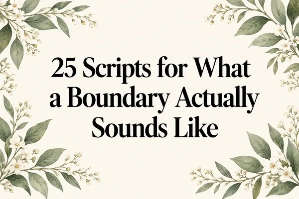 Cream-colored cover with sage-green leaves and ivory flowers framing the title “25 Scripts for What a Boundary Actually Sounds Like” in black lettering.