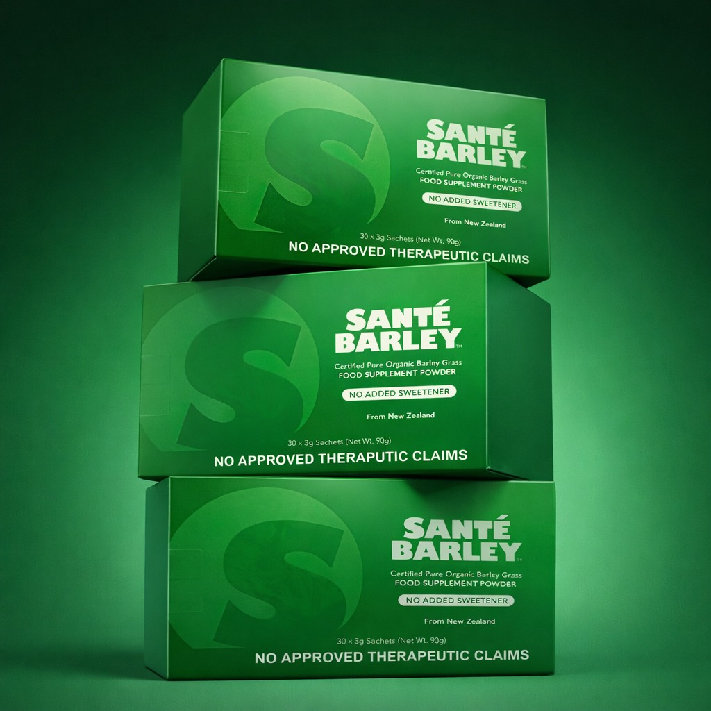Santé Barley wellness product packaging on a clean modern background