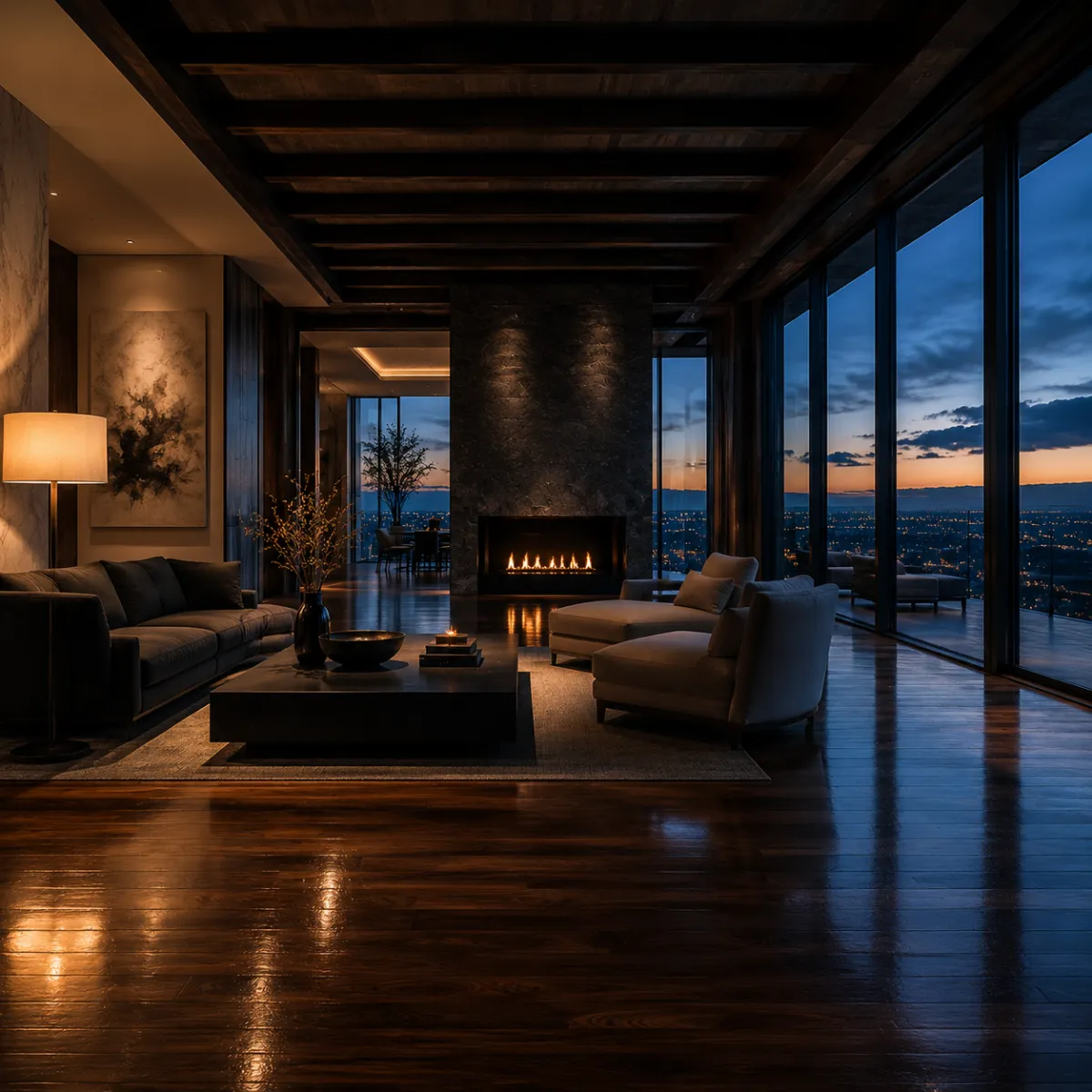 Fully restored Phoenix home interior at twilight with warm amber lamp light and dark hardwood floors, demonstrating completed water damage restoration work by The Water Restoration Guys.
