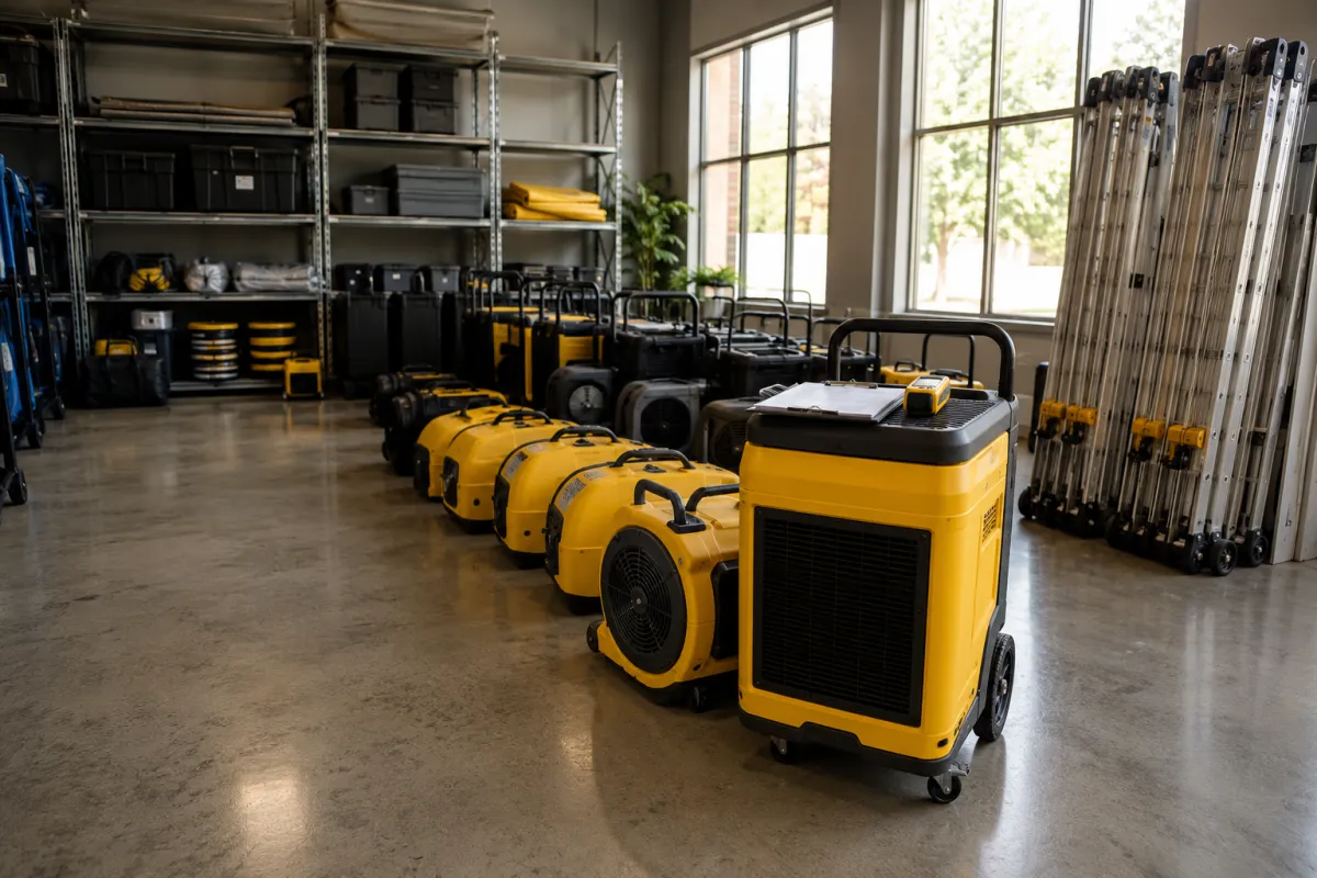 Professional restoration equipment including industrial air movers and yellow LGR dehumidifier organized in The Water Restoration Guys staging area in Phoenix, ready for deployment.