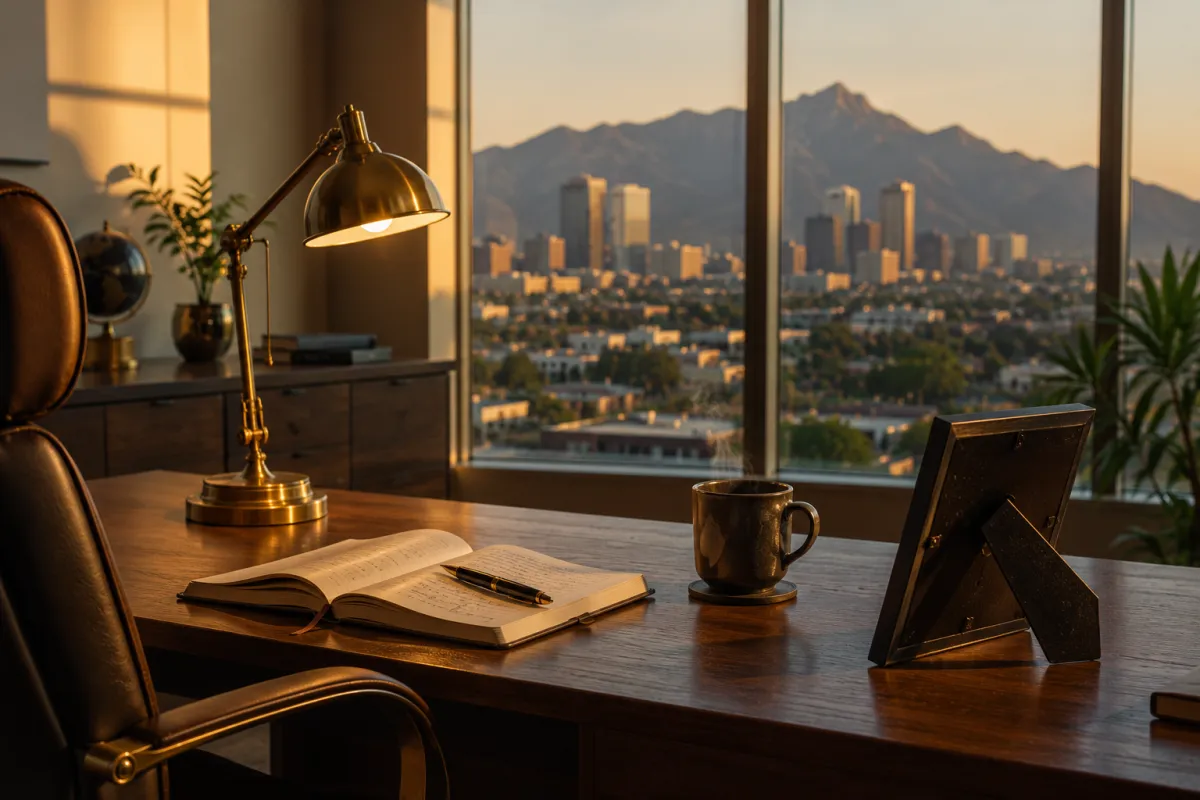 Warm Phoenix office workspace at golden hour with handwritten notes and brass desk lamp, representing the thoughtful approach behind The Water Restoration Guys founder Charles Cashwell.