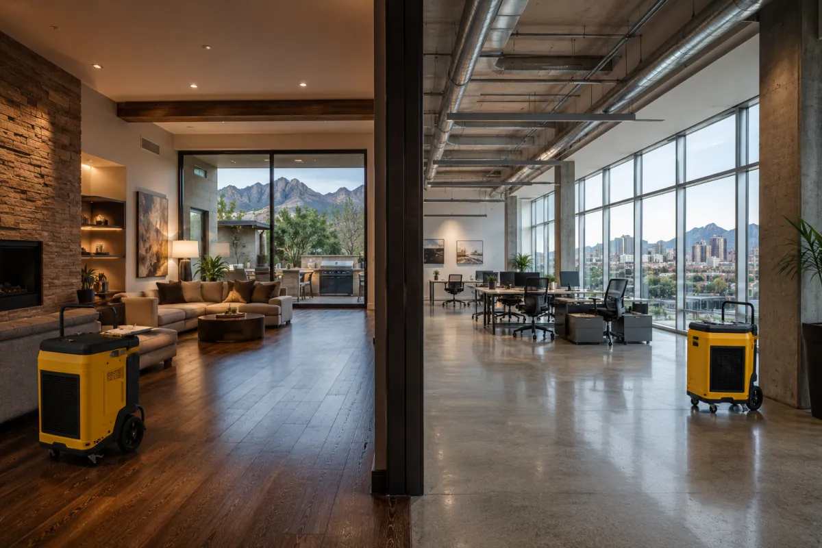 Split scene showing a luxury Phoenix residential home and a modern Phoenix commercial space side by side with professional HEPA air filtration equipment, representing The Water Restoration Guys residential and commercial fire damage restoration across the Phoenix metro.
