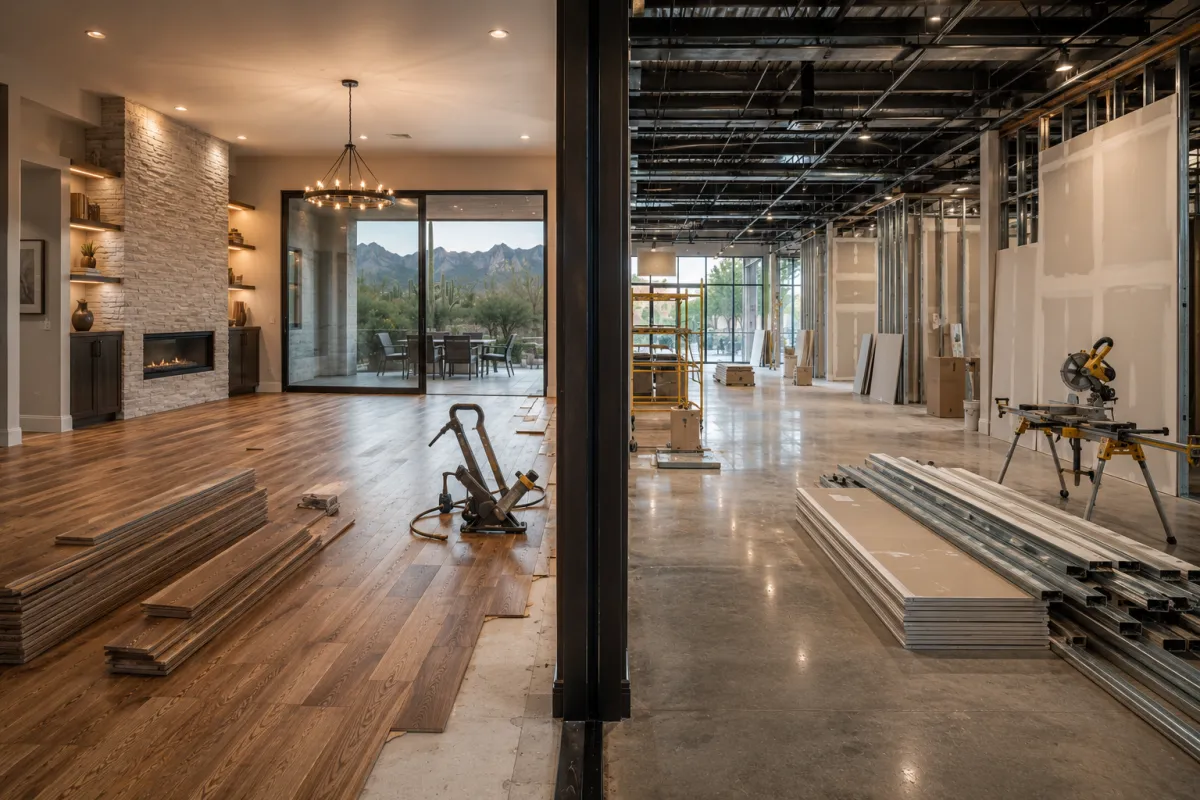 Split scene showing a luxury Phoenix residential home and a modern Phoenix commercial space side by side both mid reconstruction with professional building restoration materials and tools, representing The Water Restoration Guys residential and commercial building restoration delivered through licensed contractor partners across the Phoenix metro.