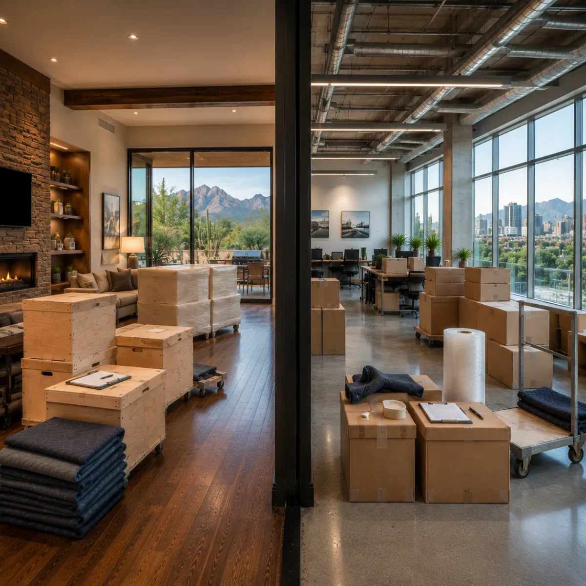 Split scene showing a luxury Phoenix residential home and a modern Phoenix commercial space side by side with professional pack out materials, representing The Water Restoration Guys residential and commercial contents pack out and storage across the Phoenix metro.