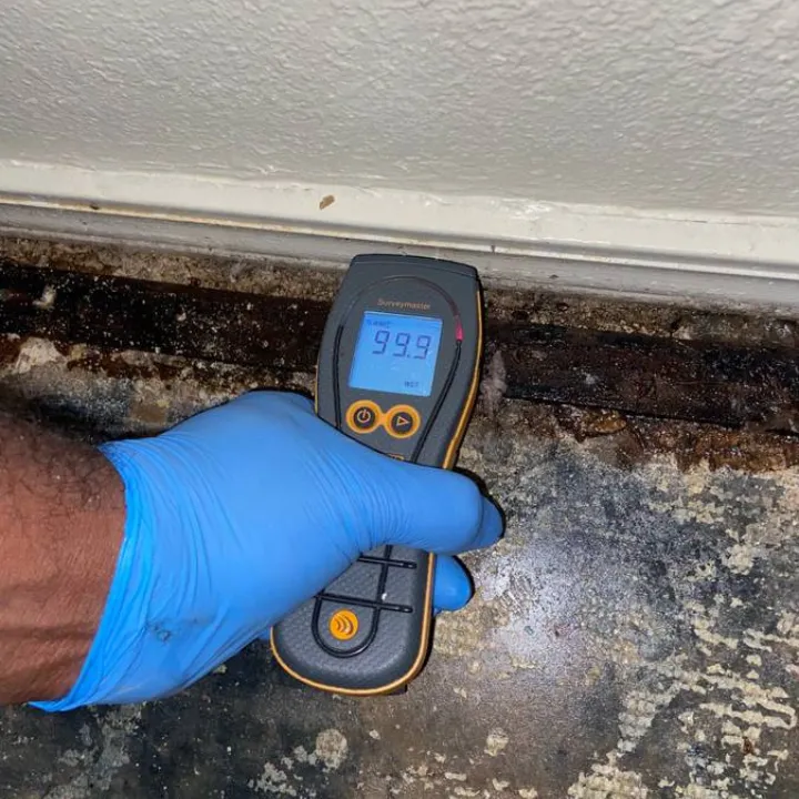 Technician taking a moisture meter reading at a water damaged baseboard in a Phoenix home