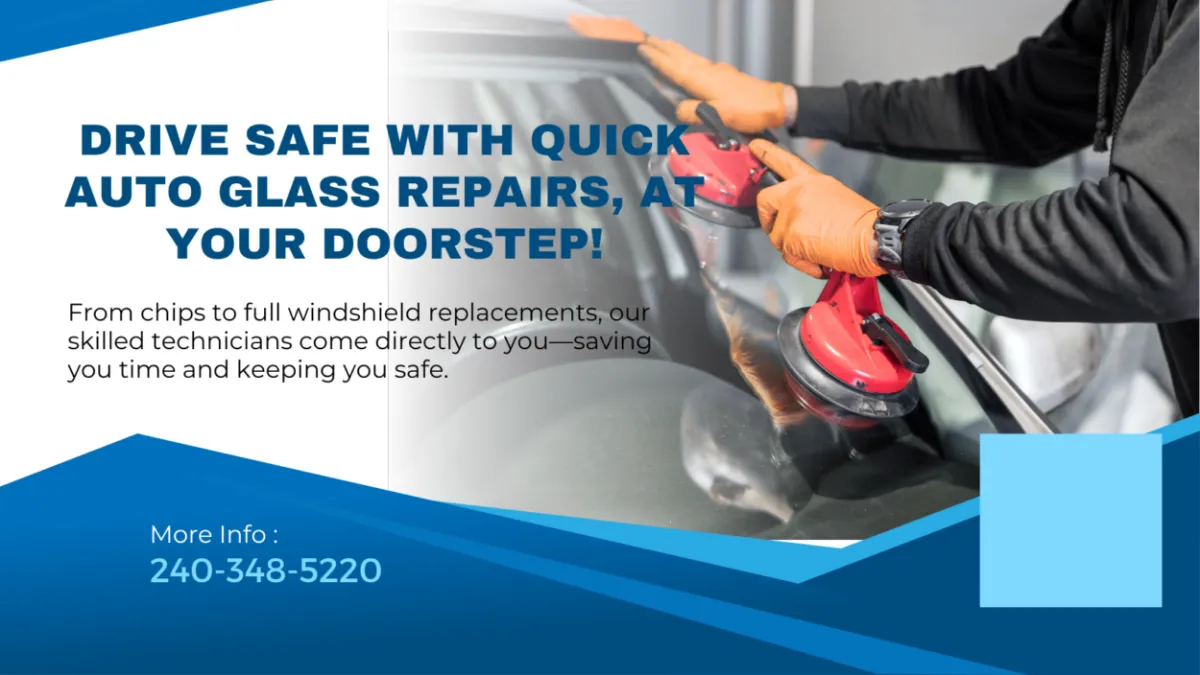 A professional auto glass technician in branded uniform repairs a car windshield in a suburban driveway, with a modern van and tools visible, bright daylight, Bethesda neighborhood, realistic style