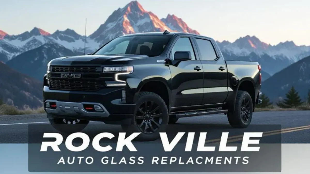 Diverse team of auto glass specialists in matching uniforms, smiling in front of a branded service van, Bethesda cityscape in background, sunny day, documentary style