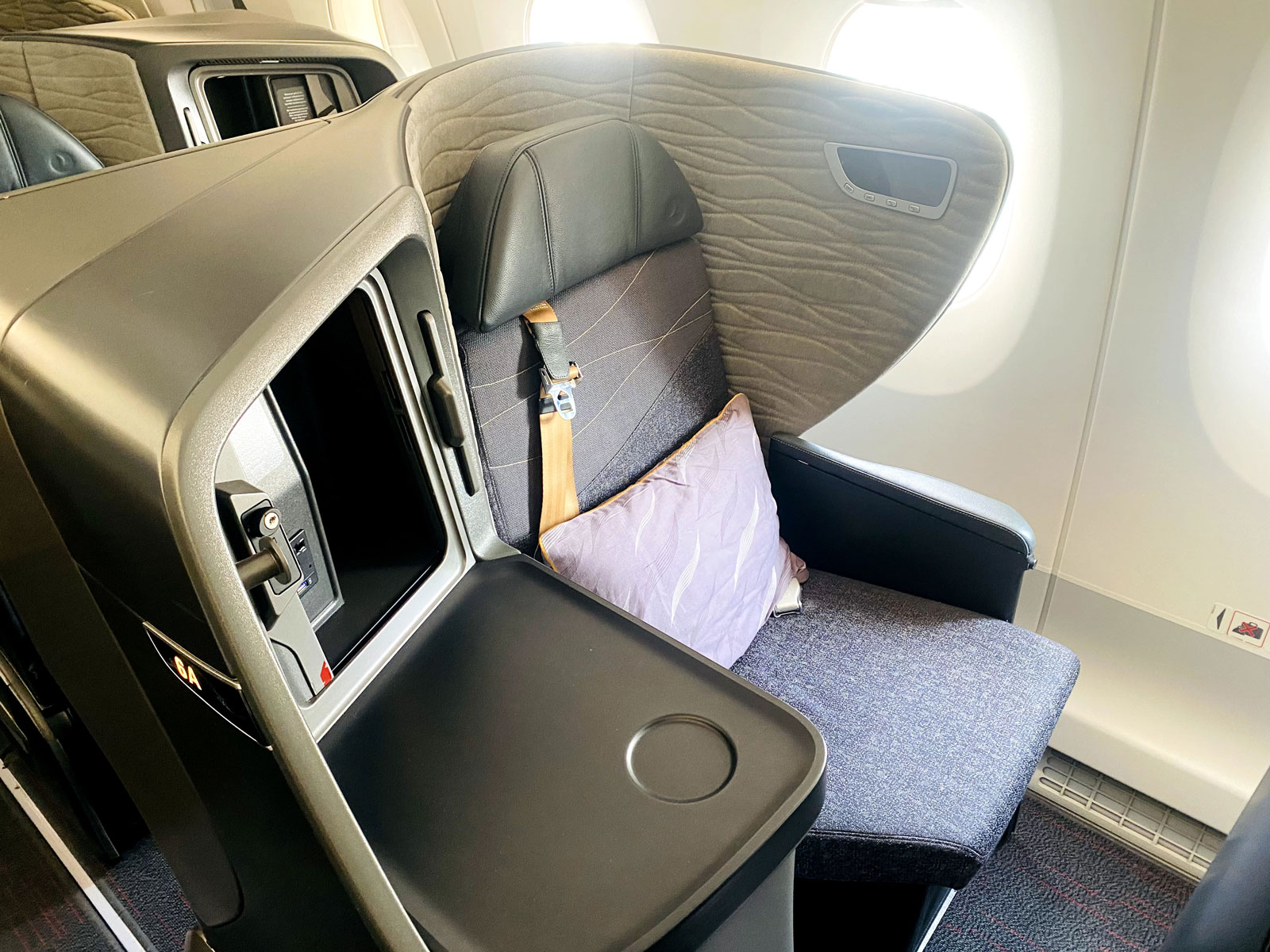 Luxury business class airplane seat with privacy partition and window view
