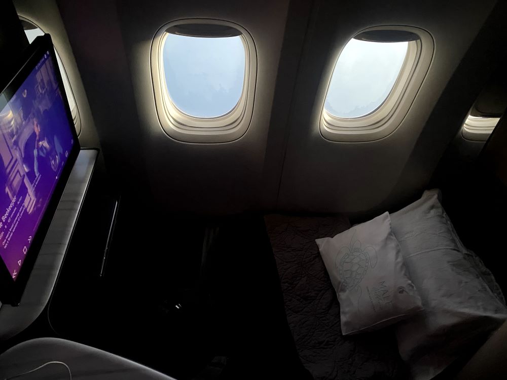 Airplane seat interior with cabin seating and passenger legroom view