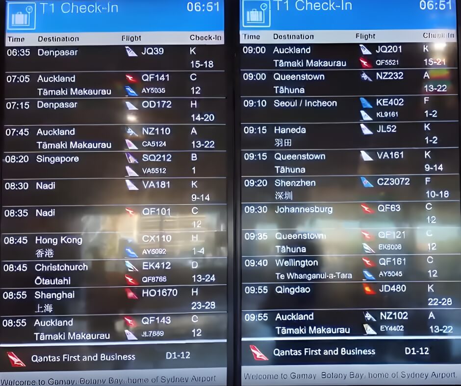 Flight information display screens at Sydney Airport Terminal