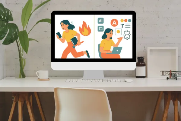 Image on a computer showing the transformation from a chaotic creative founder putting out fires to a calm professional using streamlined workflows. This visual represents the journey from business chaos to system-driven clarity.