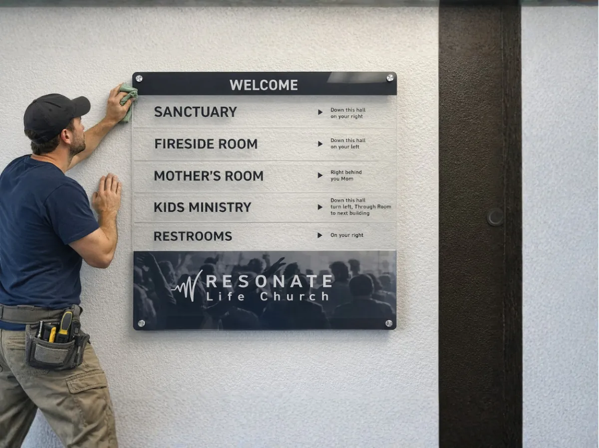 A technician installing a multi-panel lobby directory sign for Resonate Life Church with clear wayfinding to the Sanctuary and Fireside Room