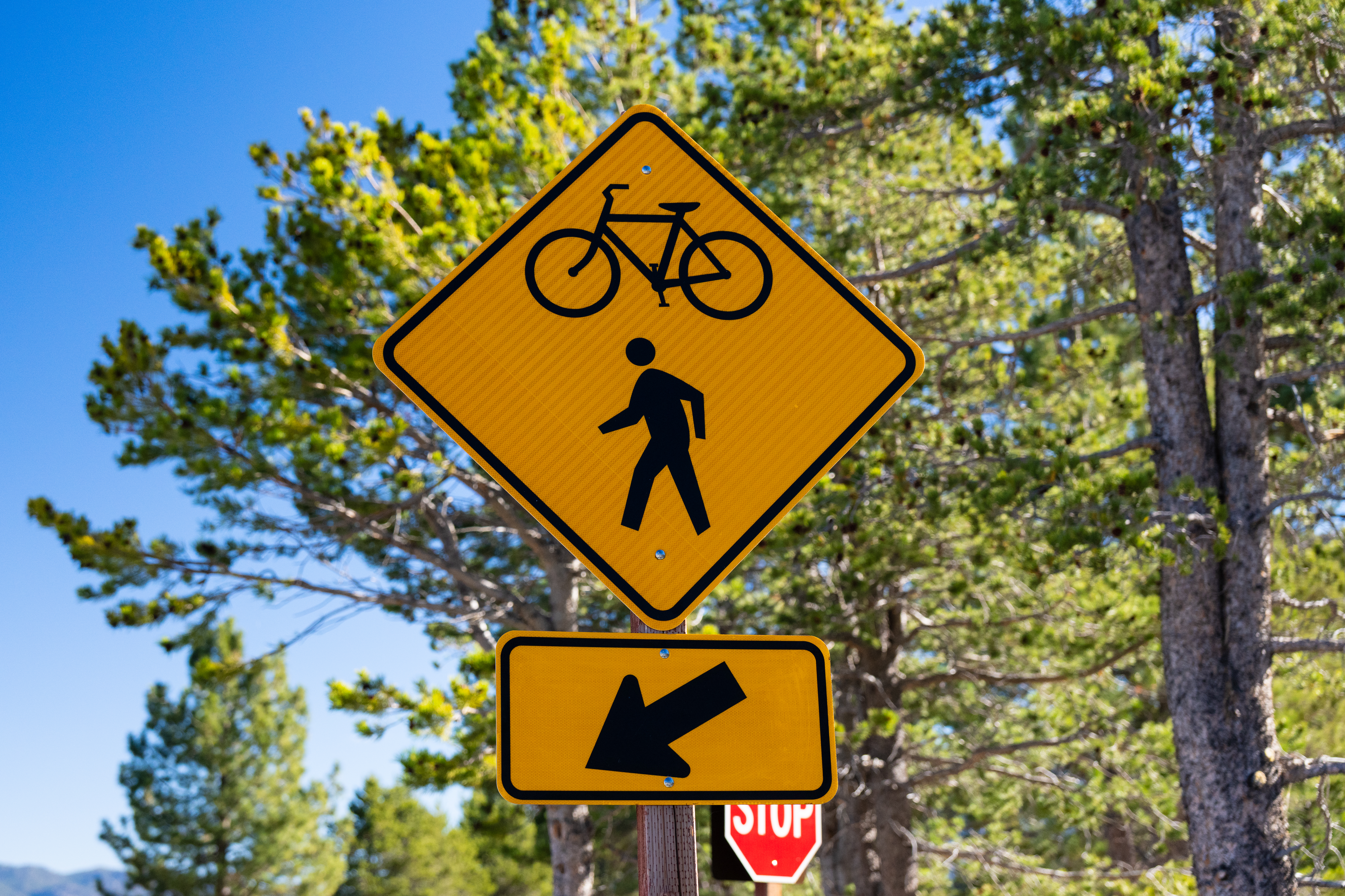 A bright yellow diamond-shaped pedestrian and cyclist crossing sign with a directional arrow, mounted on a pole near an urban walkway