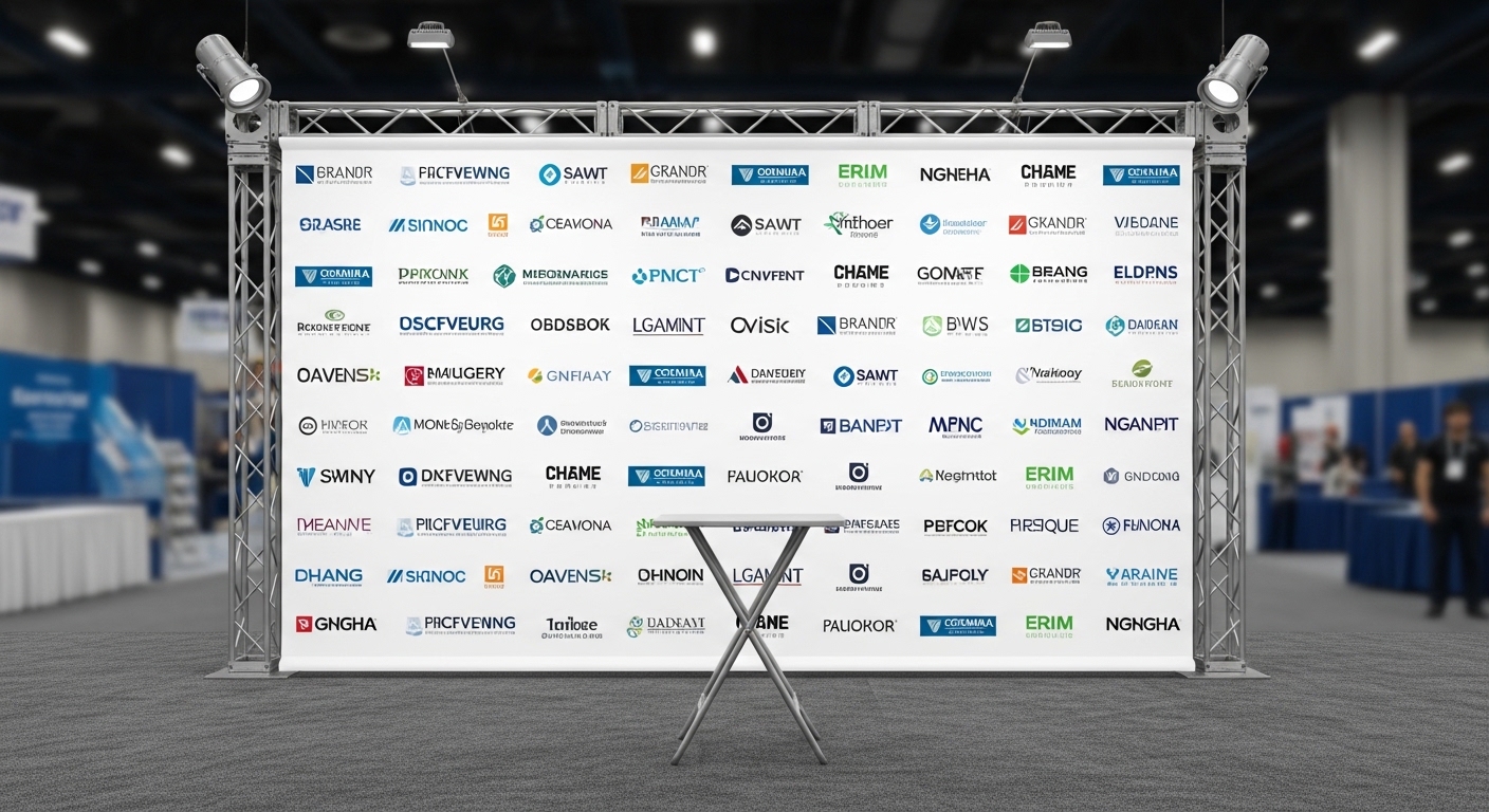 A large, multi-logo step and repeat backdrop banner mounted on a professional aluminum truss system