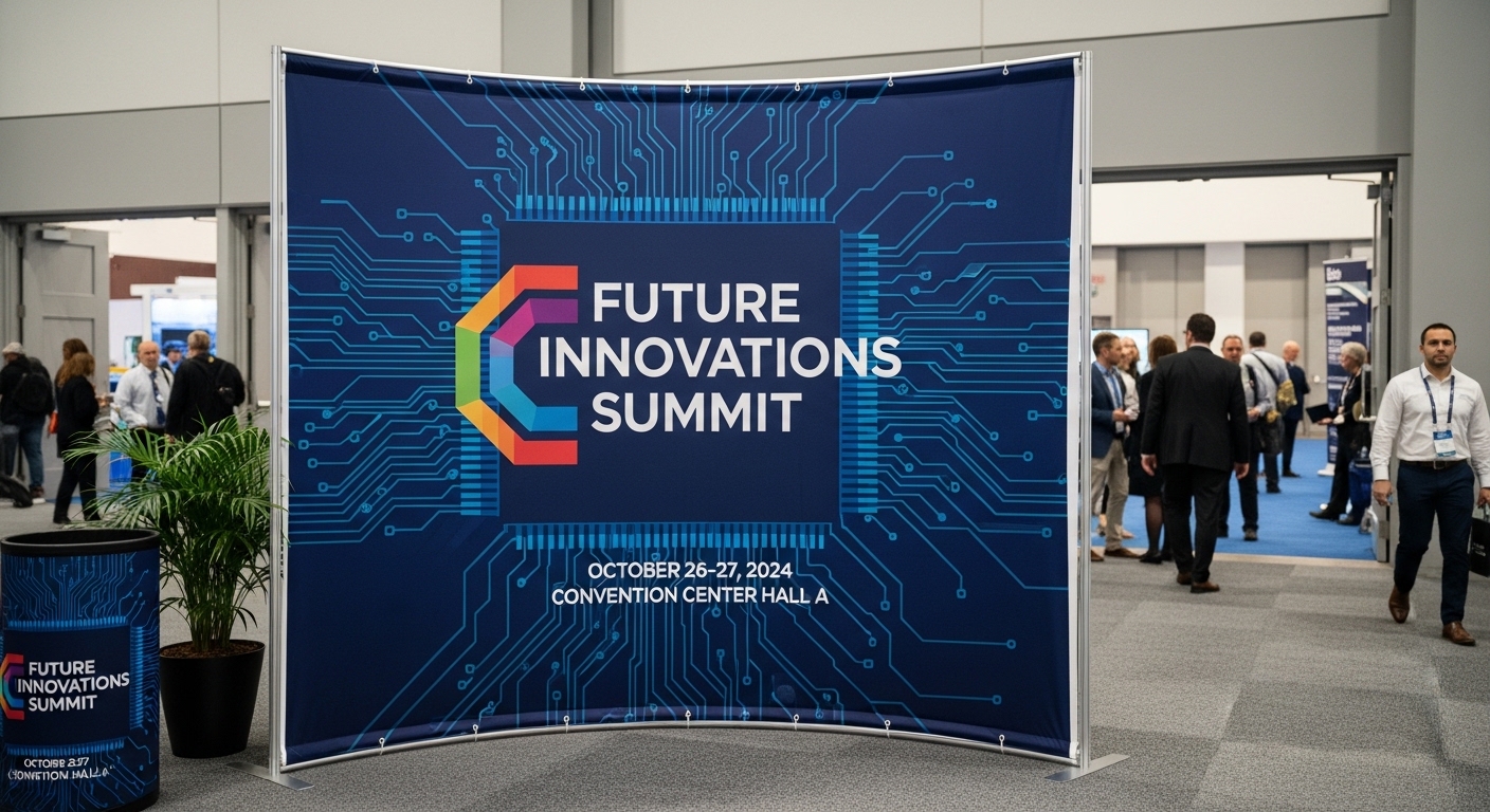 A large, curved fabric tension display for the "Future Innovations Summit" featuring a dark blue circuit board design