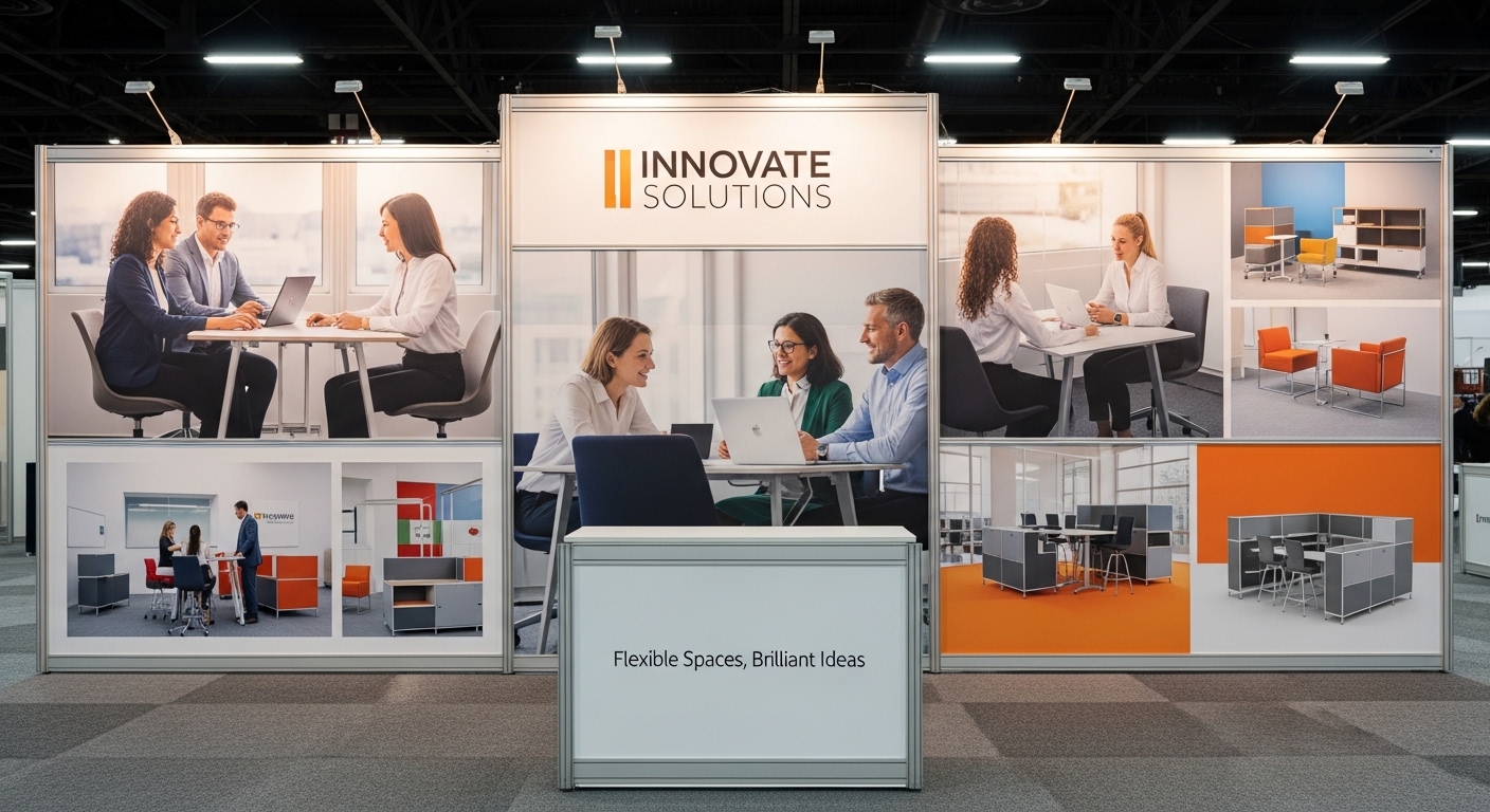 A clean, modular trade show booth for "Innovate Solutions" featuring branded walls, a welcome counter, and high-resolution lifestyle graphics